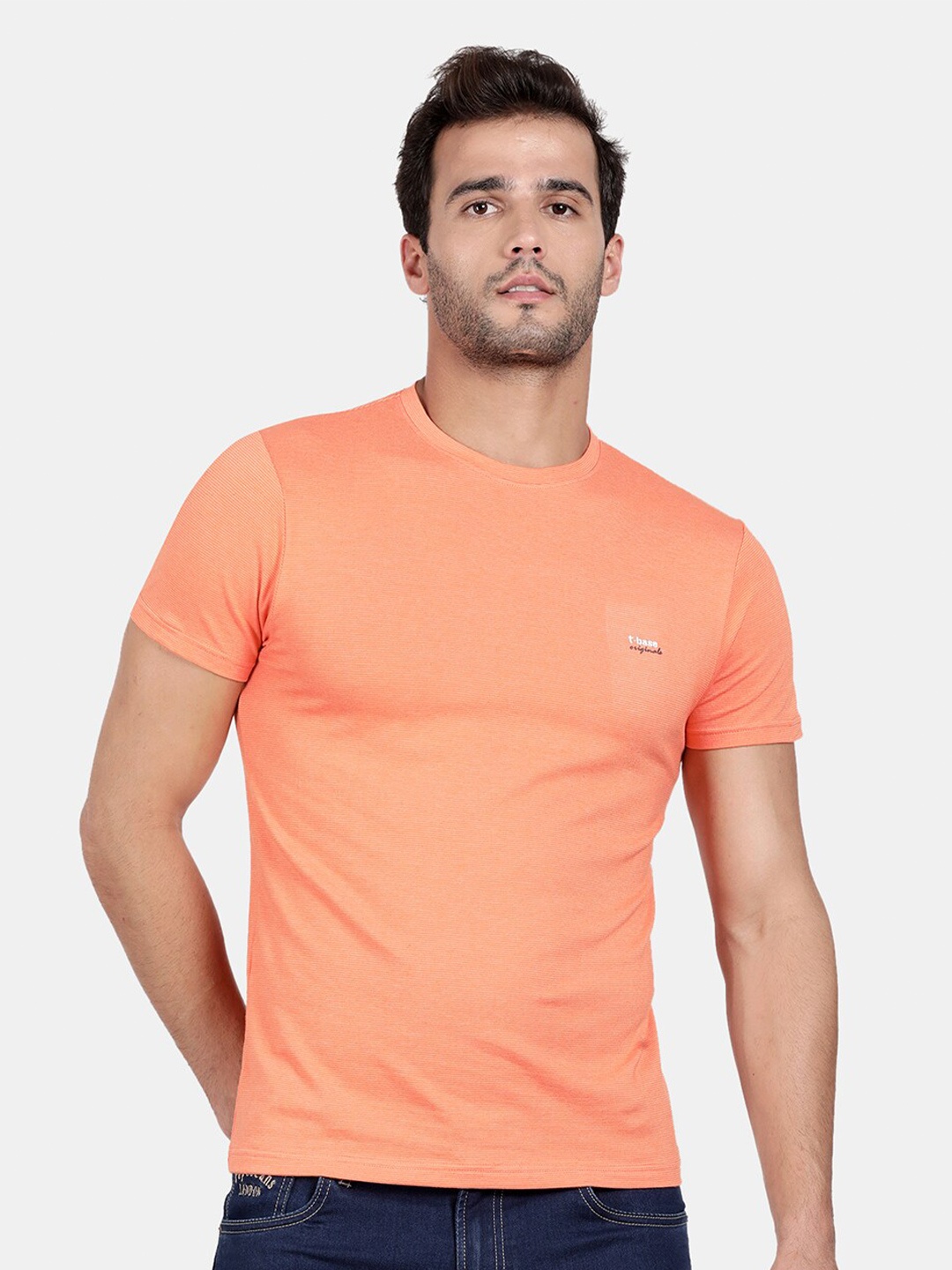 

t-base Men Orange Solid Cotton Slim Fit T-shirt