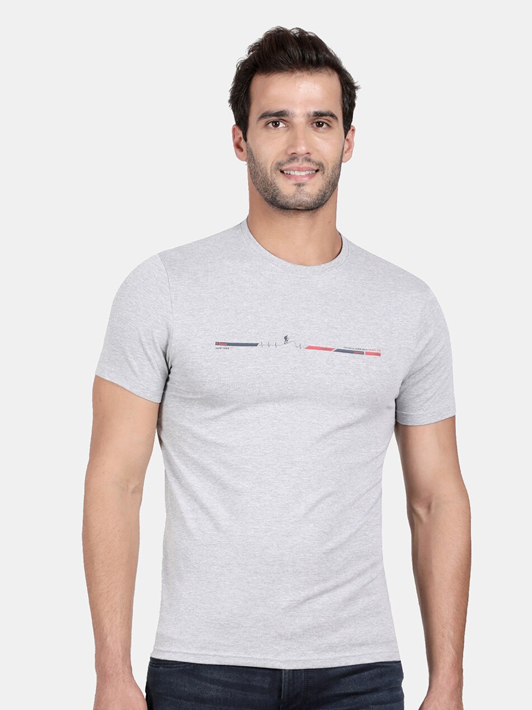 

t-base Men Grey Melange Printed Cotton Slim Fit T-shirt