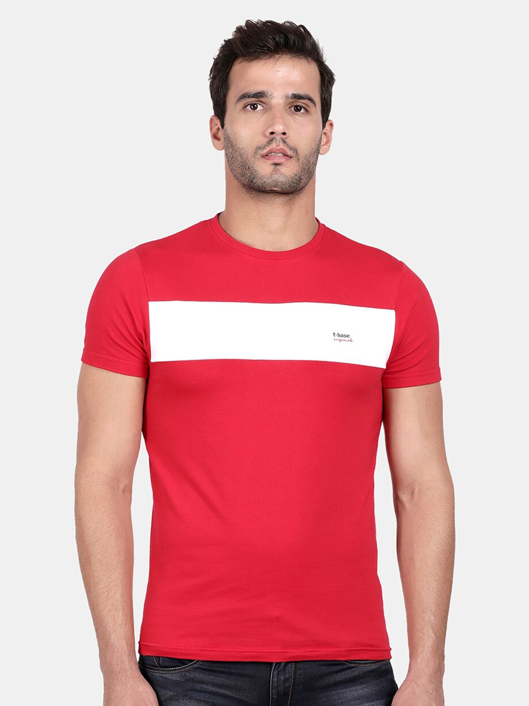 

t-base Men Red Colourblocked Slim Fit Cotton T-shirt