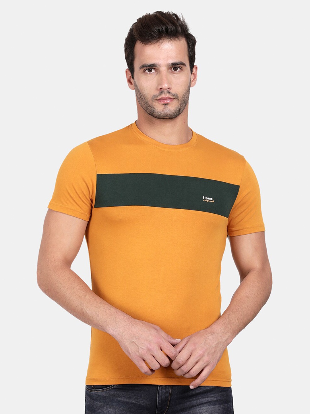 

t-base Men Yellow Colourblocked Slim Fit Cotton T-shirt