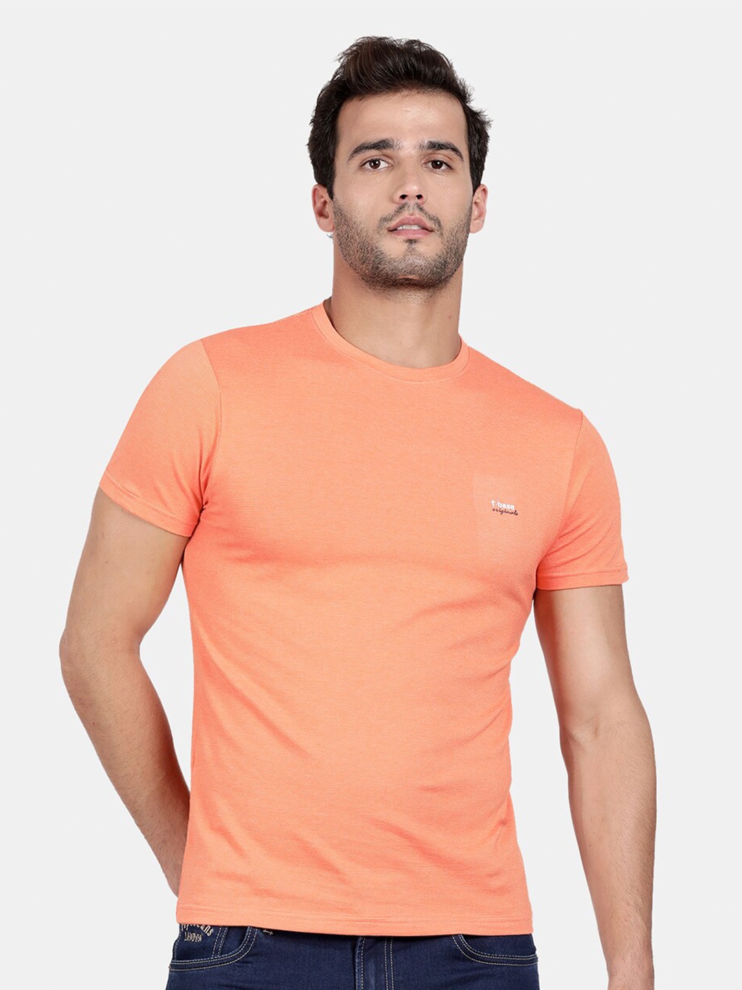 

t-base Men Coral Solid Cotton Slim Fit T-shirt