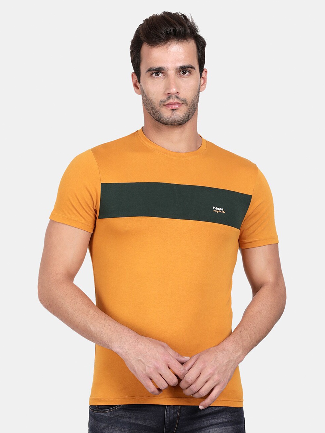 

t-base Men Plus Size Mustard Yellow & Green Slim Fit T-shirt