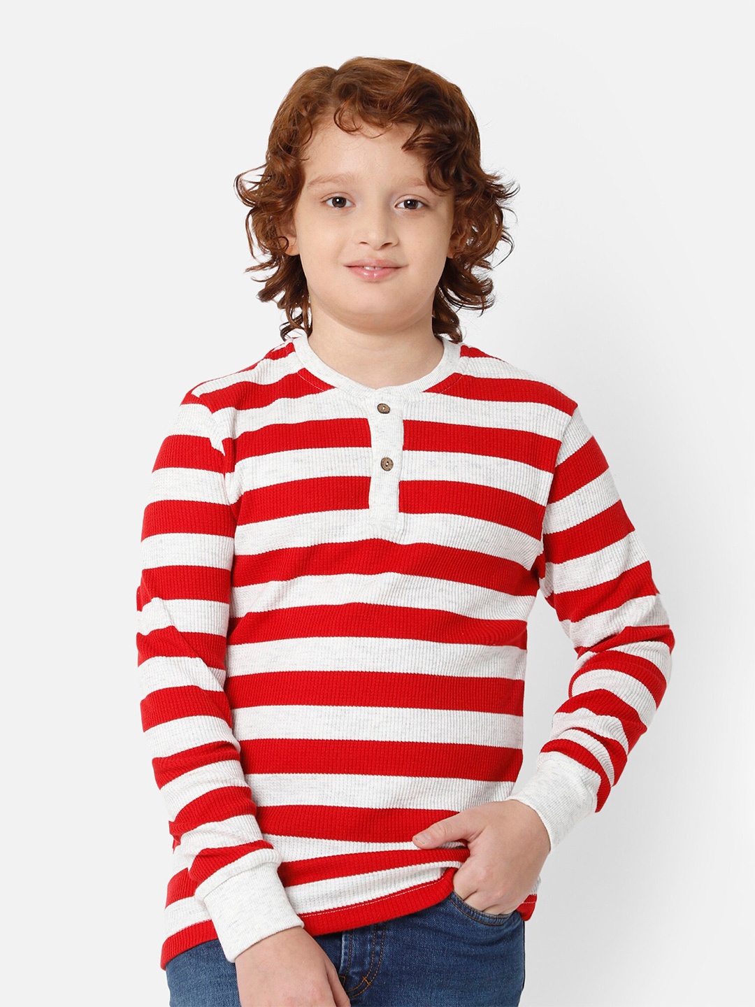 

PROTEENS Boys Red & White Striped Henley Neck T-shirt