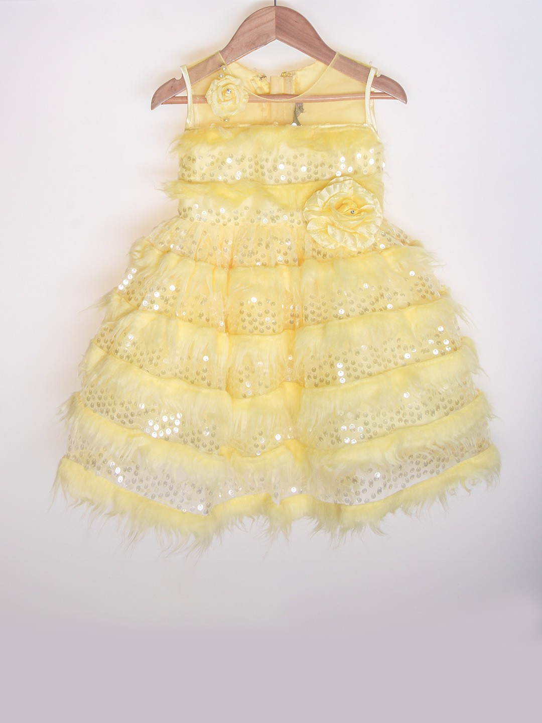 

Enfance Girls Yellow & White Fit and Flare Net Dress