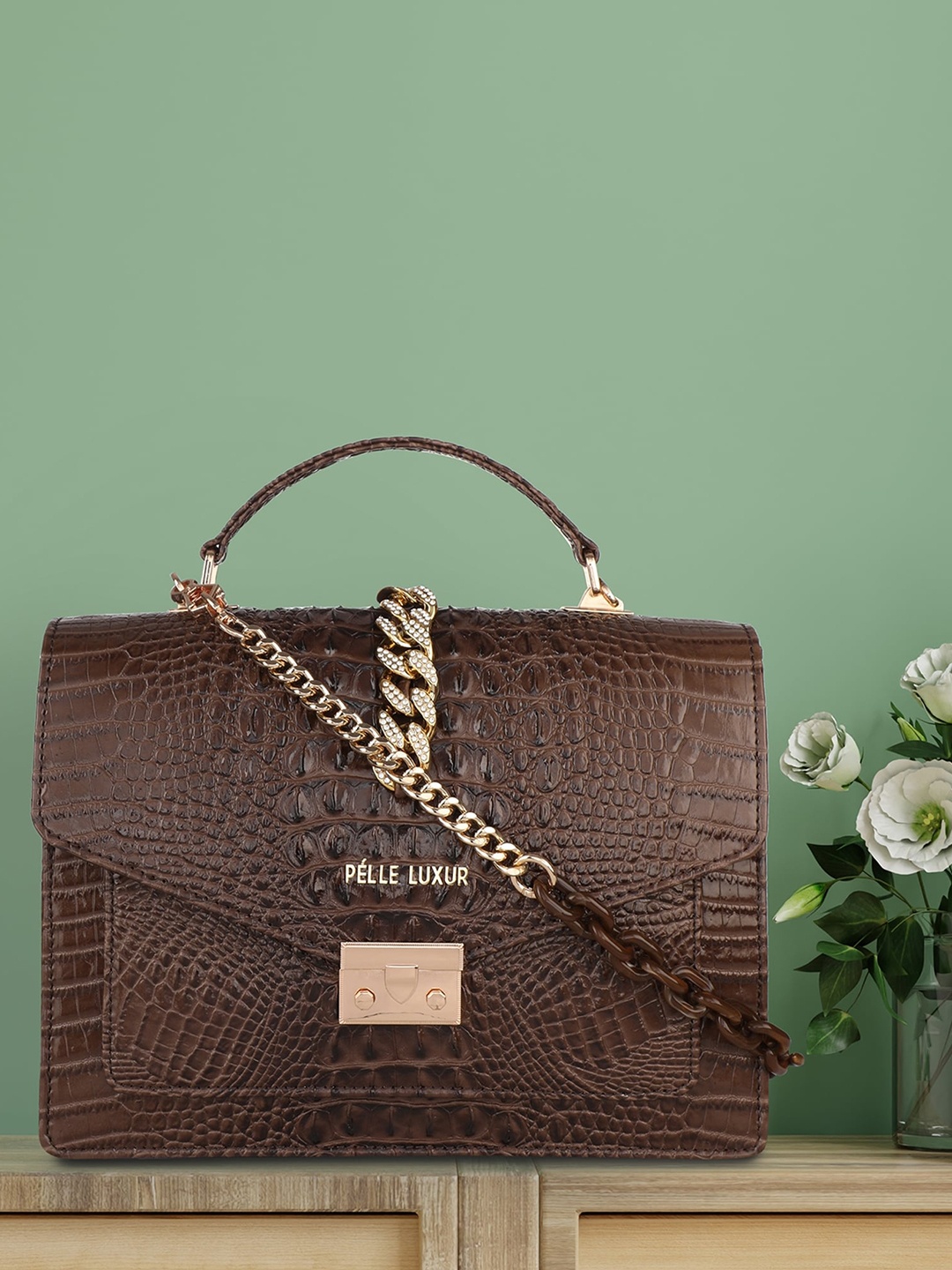 

PELLE LUXUR Women Brown Textured Leather Oversized Structured Handheld Bag