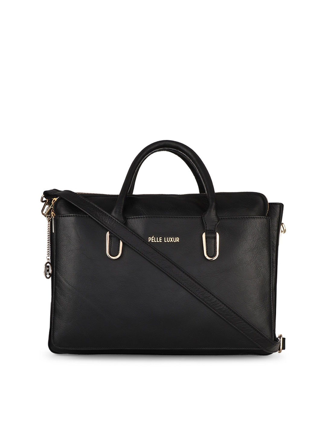 

PELLE LUXUR Black Leather Structured Shoulder Bag with Tasselled