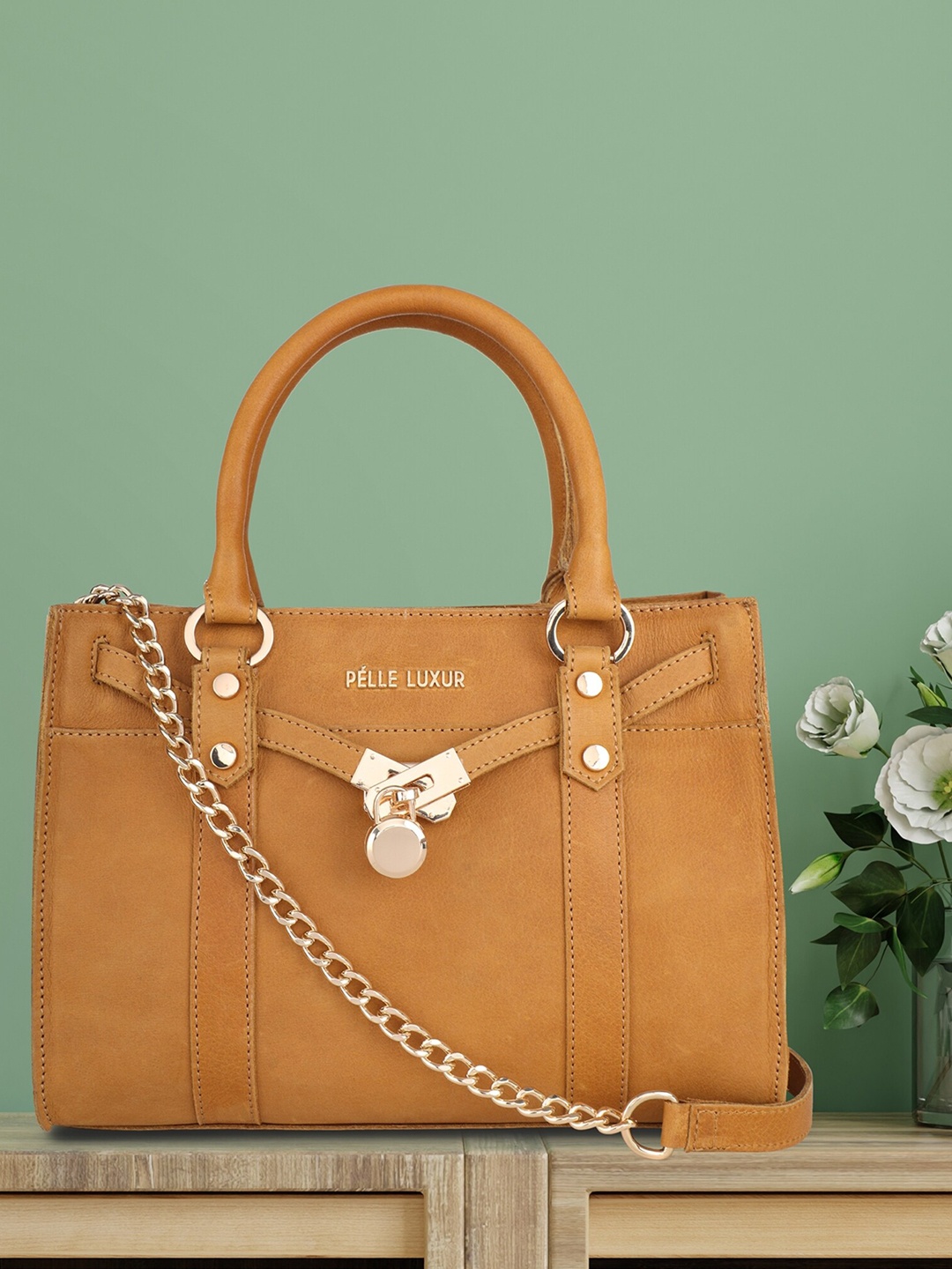 

PELLE LUXUR Tan Textured Leather Structured Handheld Bag