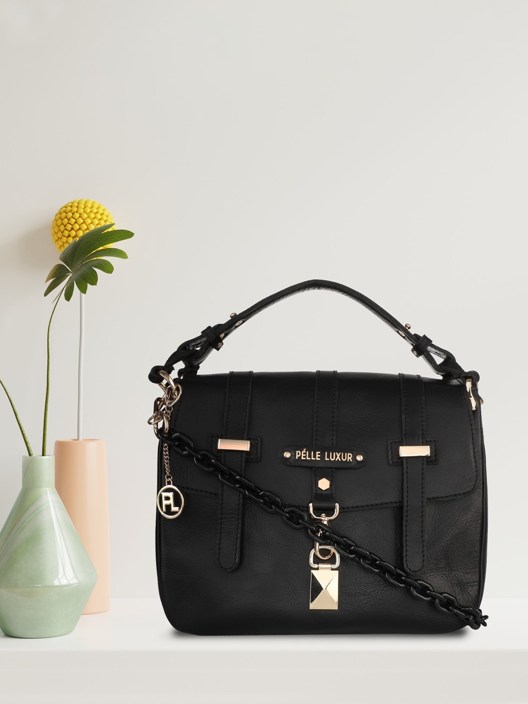 

PELLE LUXUR Black Leather Structured Satchel