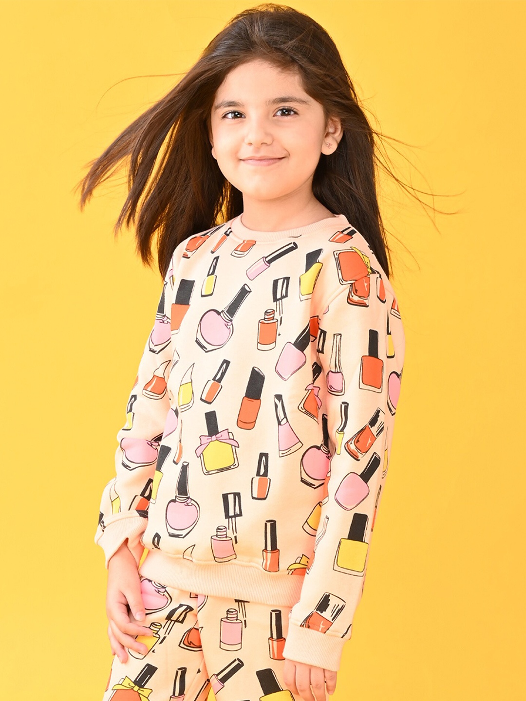 

Anthrilo Girls Peach-Coloured Printed Fleece Sweatshirt