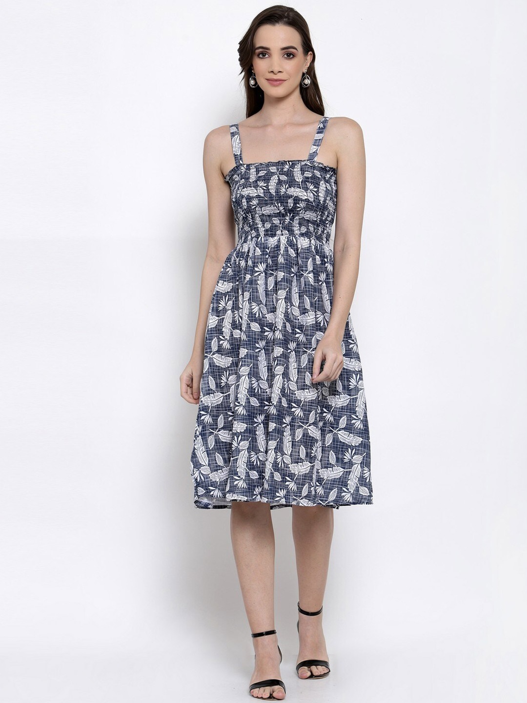 

KLOTTHE Women Navy Blue & White Floral Printed Smocked Fit & Flare Dress