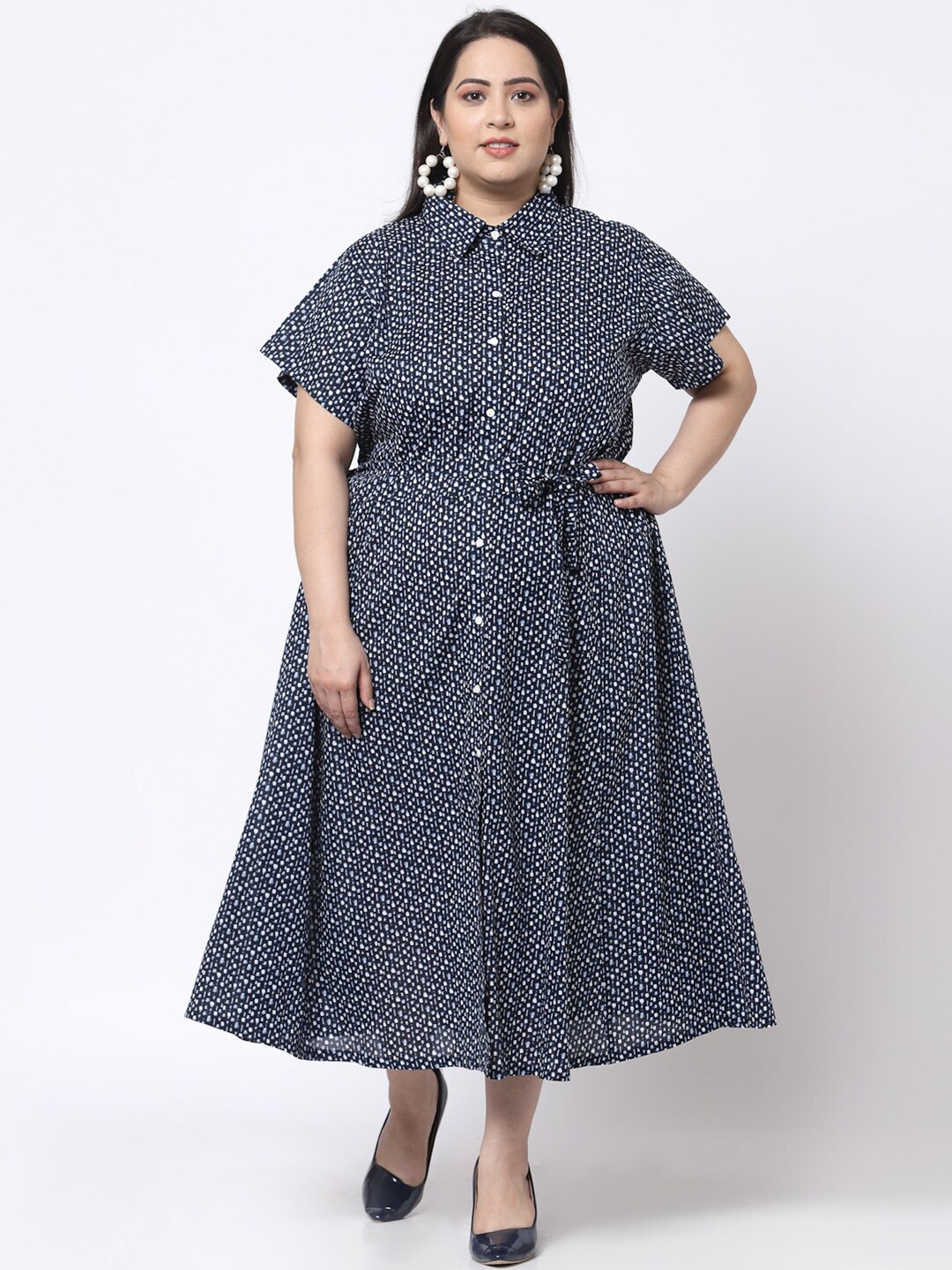 

KLOTTHE Plus Size Blue Polka Dots Printed Shirt Midi Dress