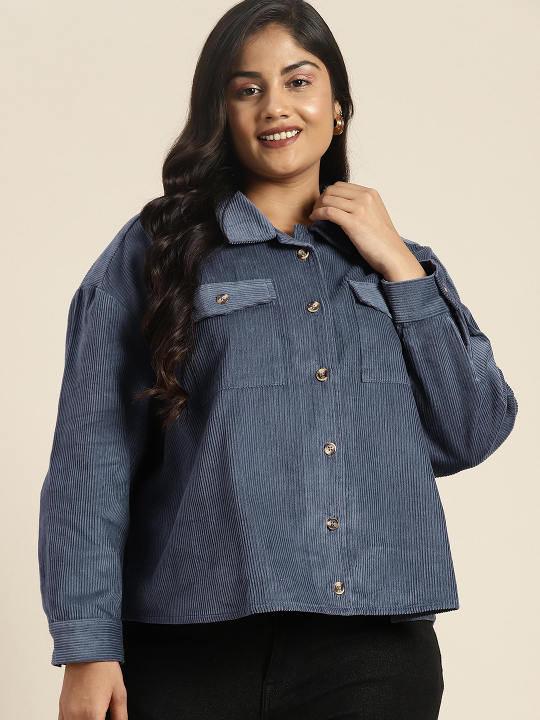 

Sztori Women Plus Size Pure Cotton Corduroy Oversized Shacket, Blue