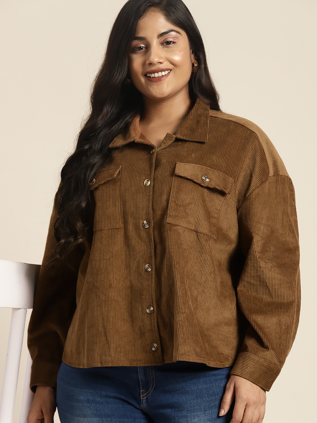 

Sztori Women Plus Size Pure Cotton Corduroy Oversized Shacket, Rust