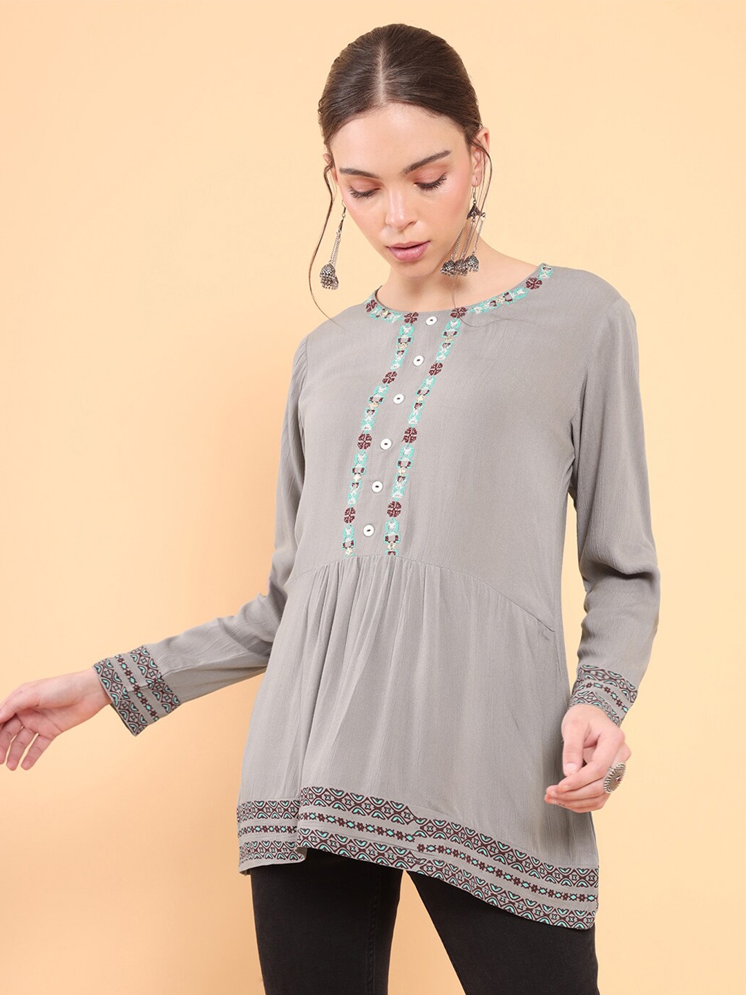 

Soch Women Grey Modal Embroidered Tunic