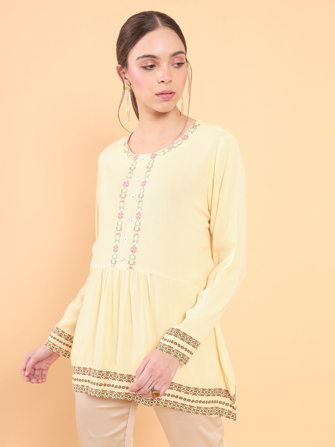 

Soch Women Yellow & Pink Embroidered Modal Tunic
