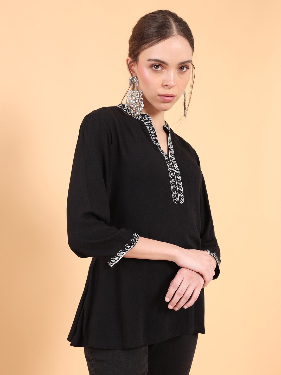 

Soch Women Black & White Modal Mandarin Collar Embroidered Tunic