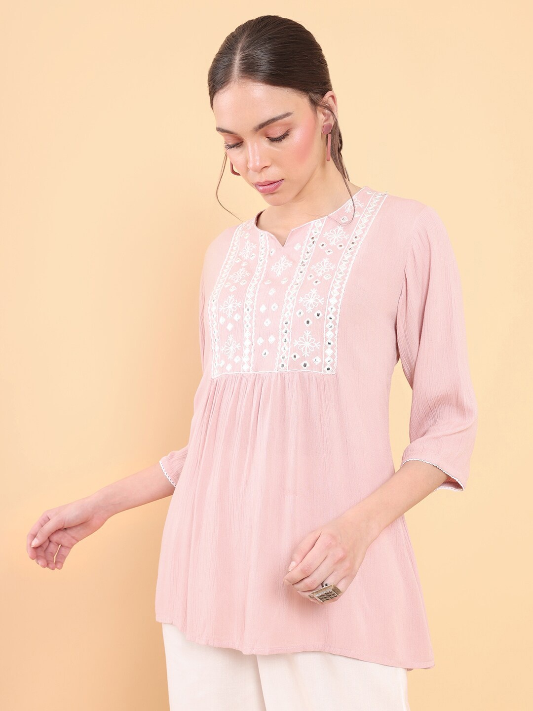 

Soch Women Pink & White Embroidered Modal Tunic
