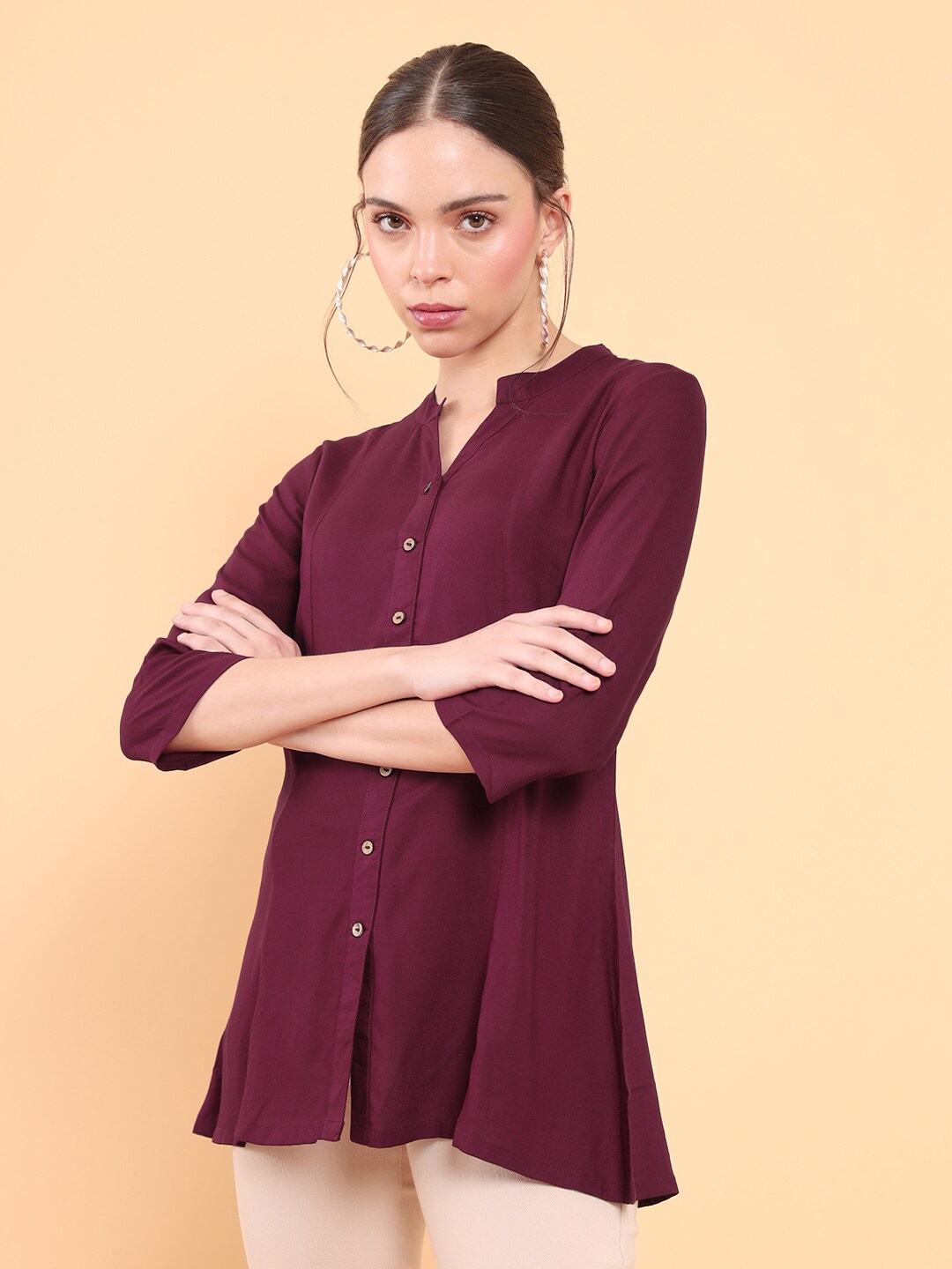 

Soch Women Maroon Viscose Rayon Mandarin Collar Tunic
