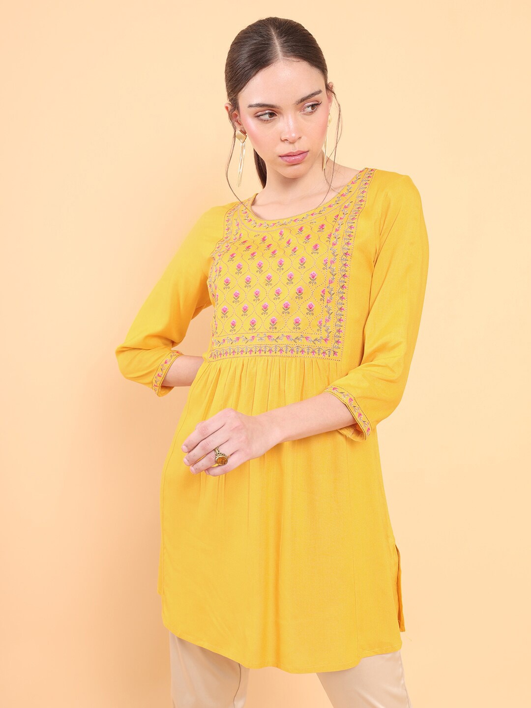 

Soch Women Mustard Yellow & Green Viscose Rayon Embroidered Tunic