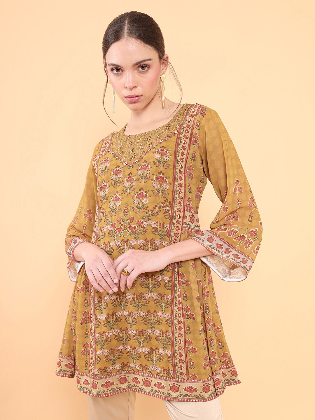 

Soch Women Mustard Yellow & Pink Printed Silk Round neck Tunic