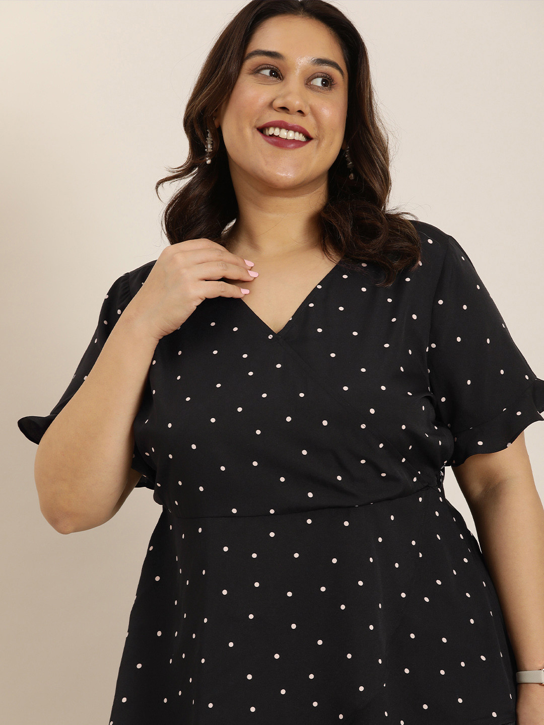 

Sztori Plus Size Polka Dot Printed Ruffles Detailed Wrap Top, Black