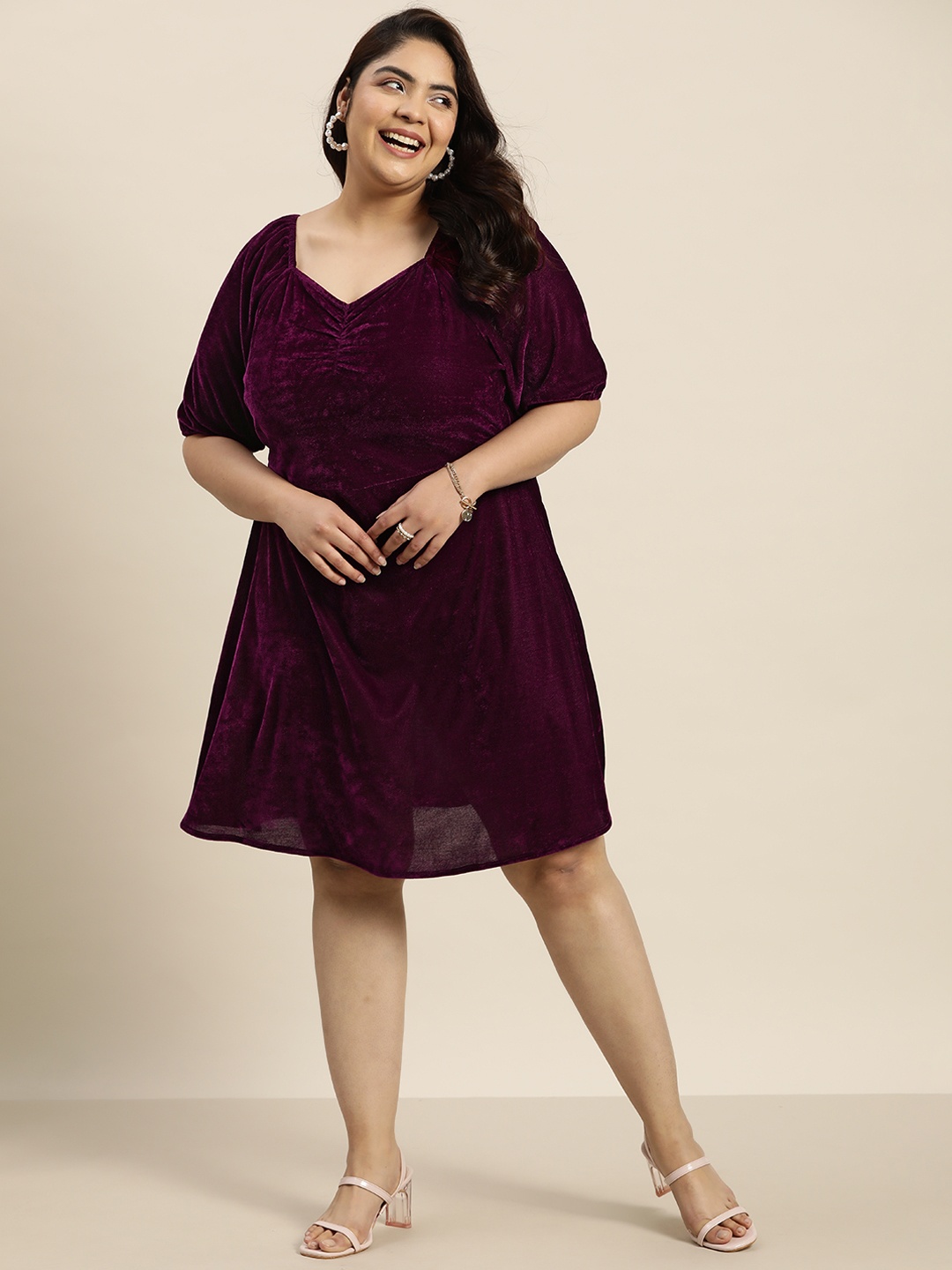 

Sztori Plus Size Sweetheart Neck Ruched Detail Velvet Finish A-Line Mini Dress, Burgundy