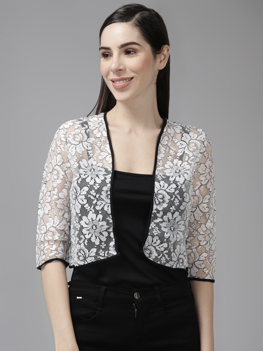 

Aarika Women White Floral Lightweight Crop Open Front Jacket