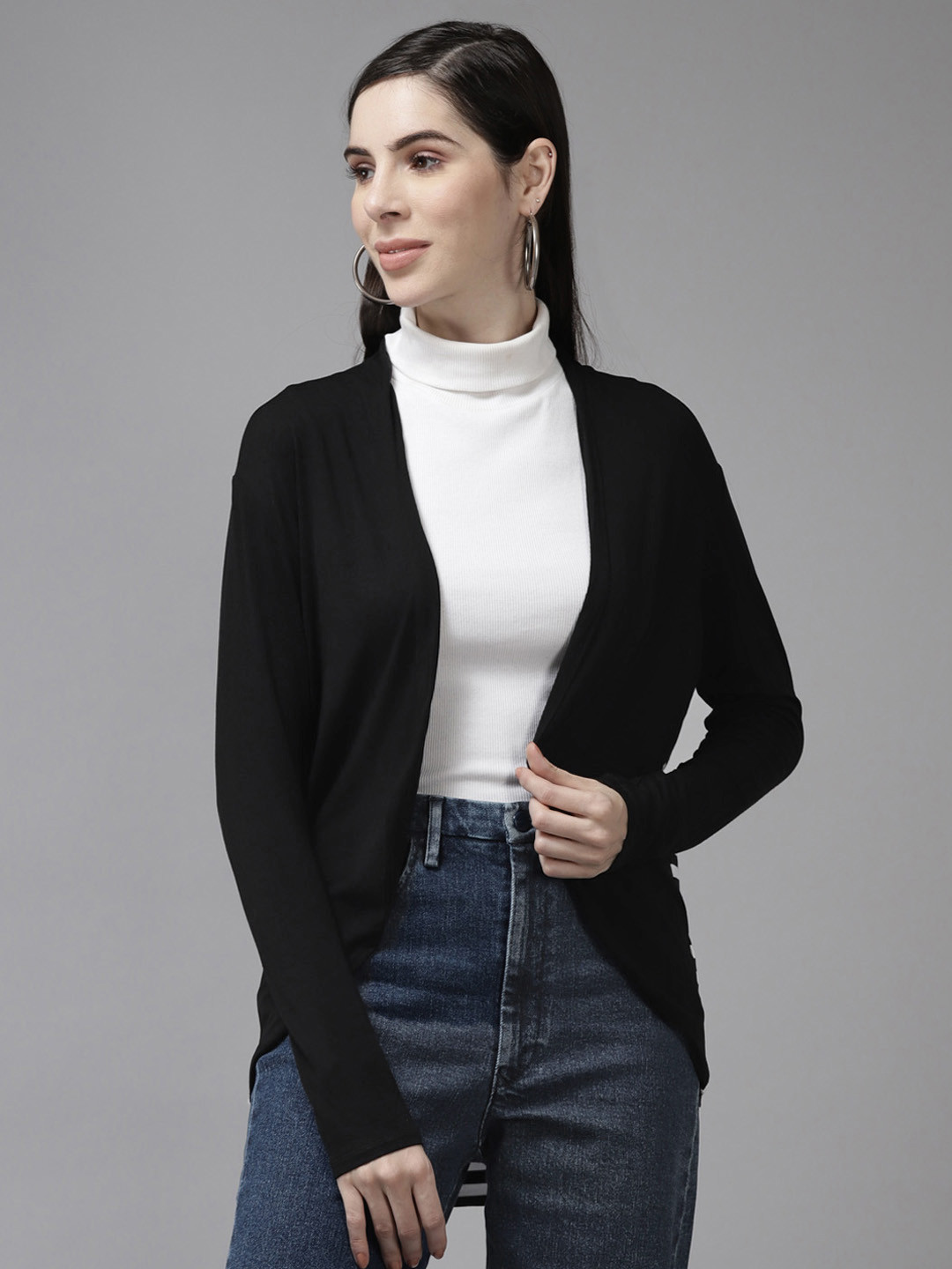

Aarika Women Black Lightweight Longline Open Front Jacket