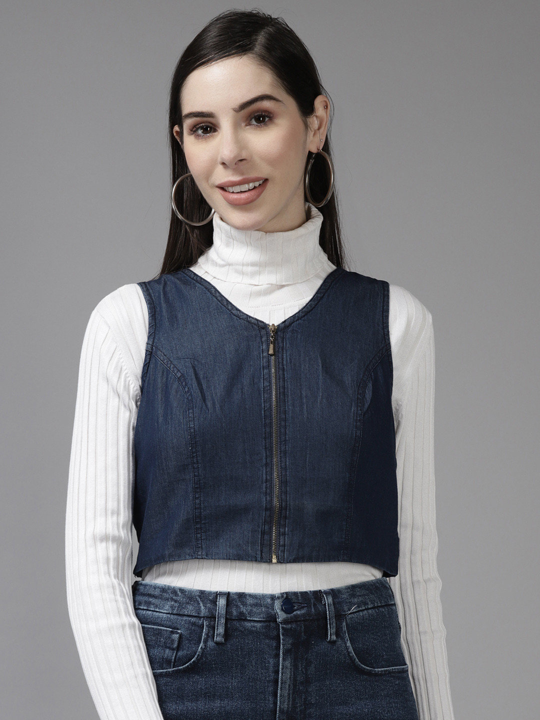 

Aarika Women Blue Lightweight Crop Denim Jacket