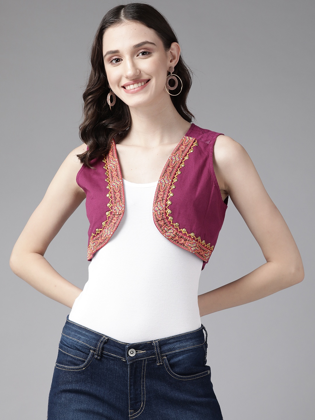 

Aarika Women Purple and Yellow Geometric Crop Open Front Jacket with Embroidery
