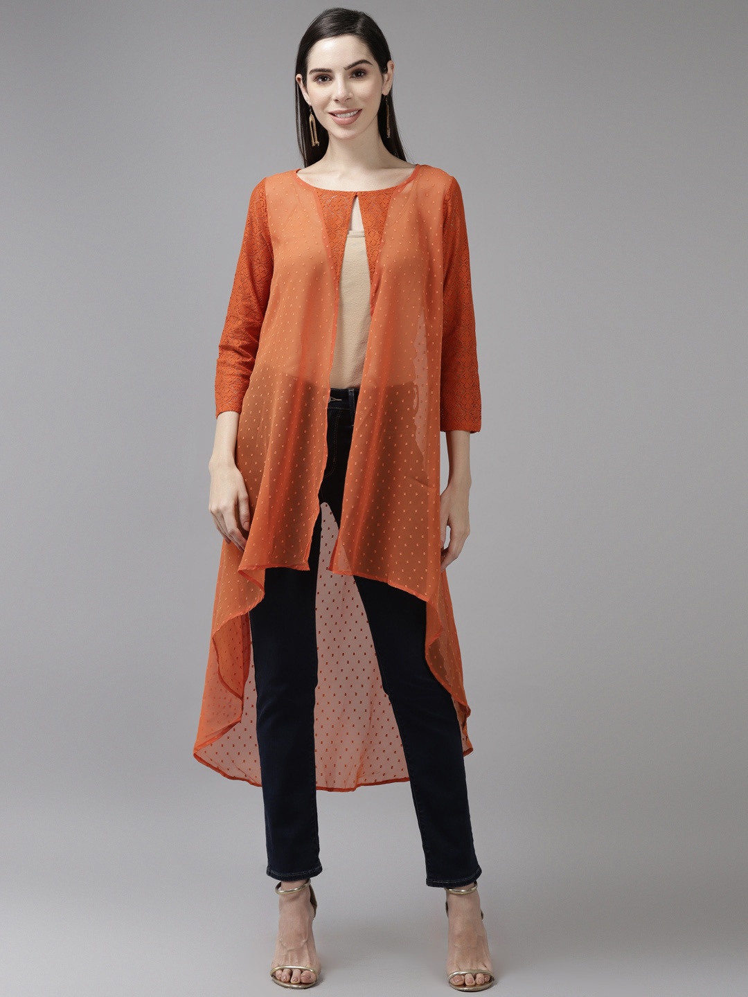 

Aarika Women Orange Lightweight Longline Open Front Jacket