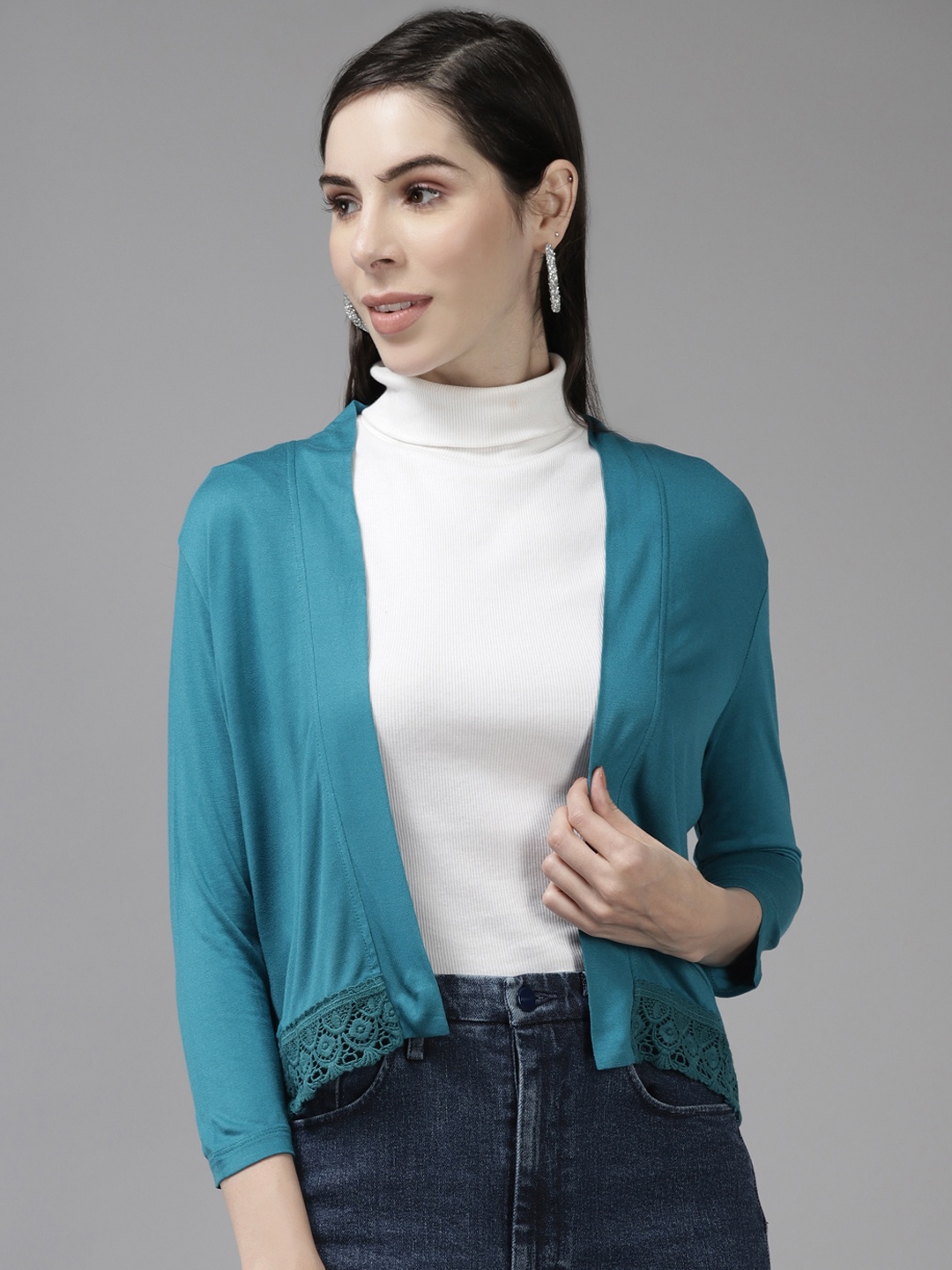 

Aarika Women Turquoise Blue Open Front Jacket