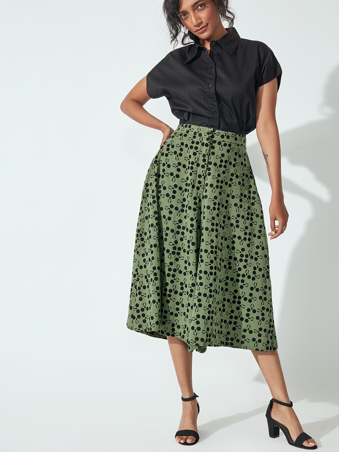 

The Label Life Women Olive Green Printed Mickey Monogram Cotton Culotte Trousers