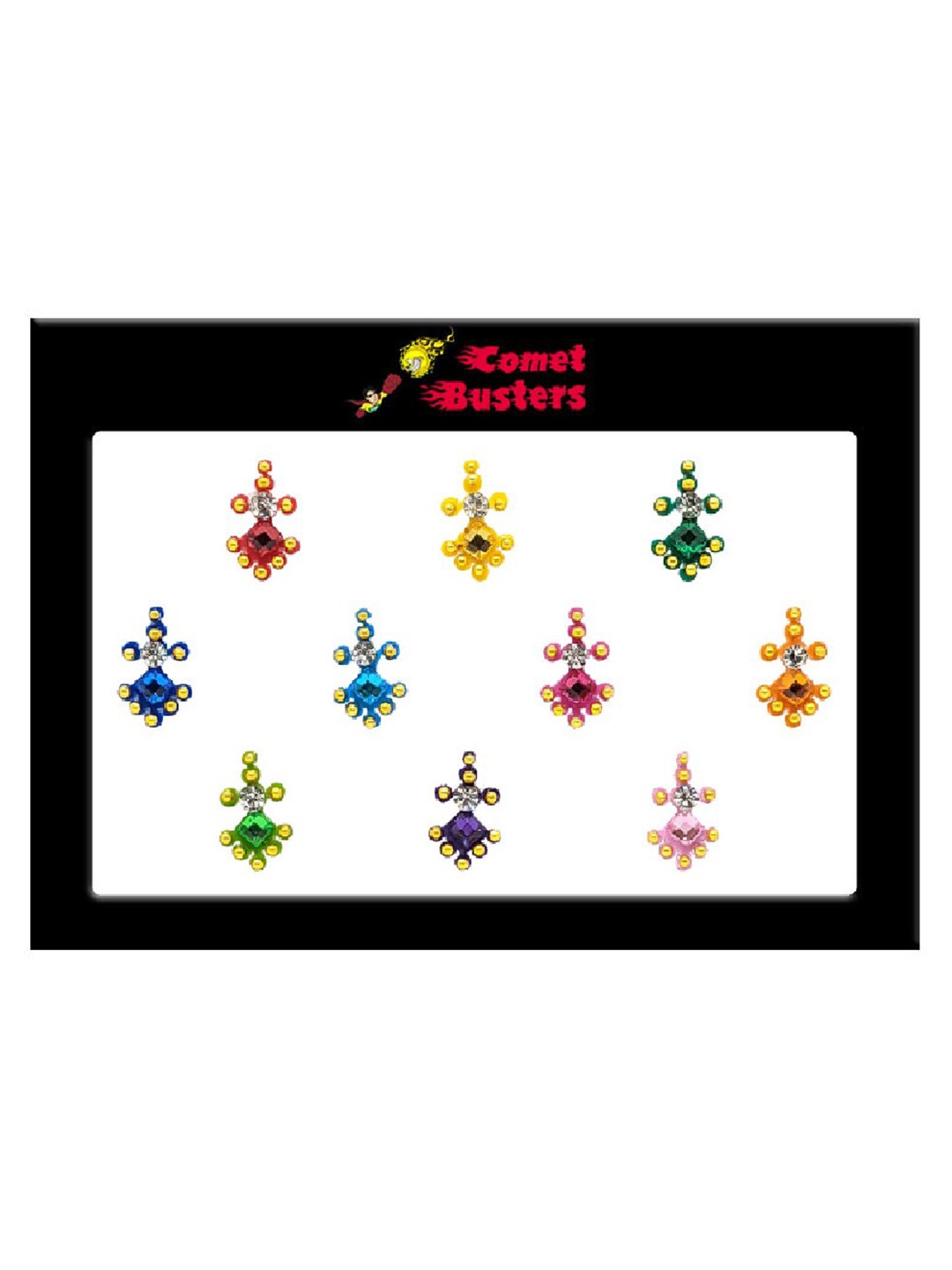 

Comet Busters 10 Pcs Embellished Reusable Designer Bindis - Multicoloured, Multi
