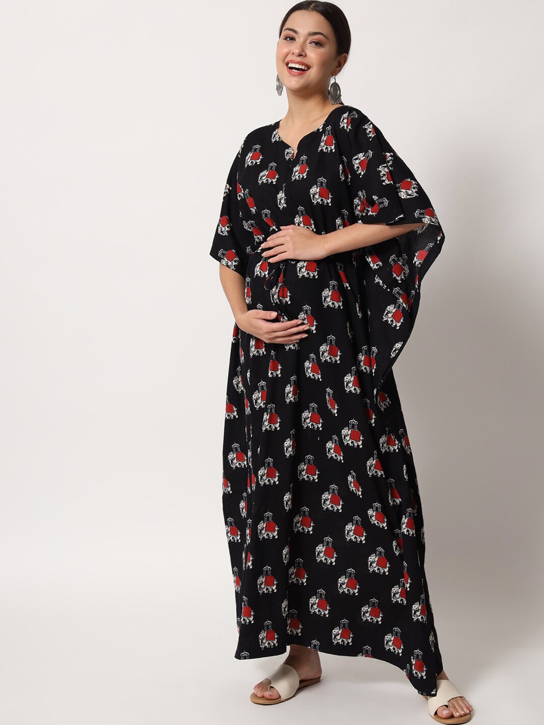 

Aujjessa Black & White maternity feeding Printed Maternity Pure Cotton Kaftan Maxi Dress