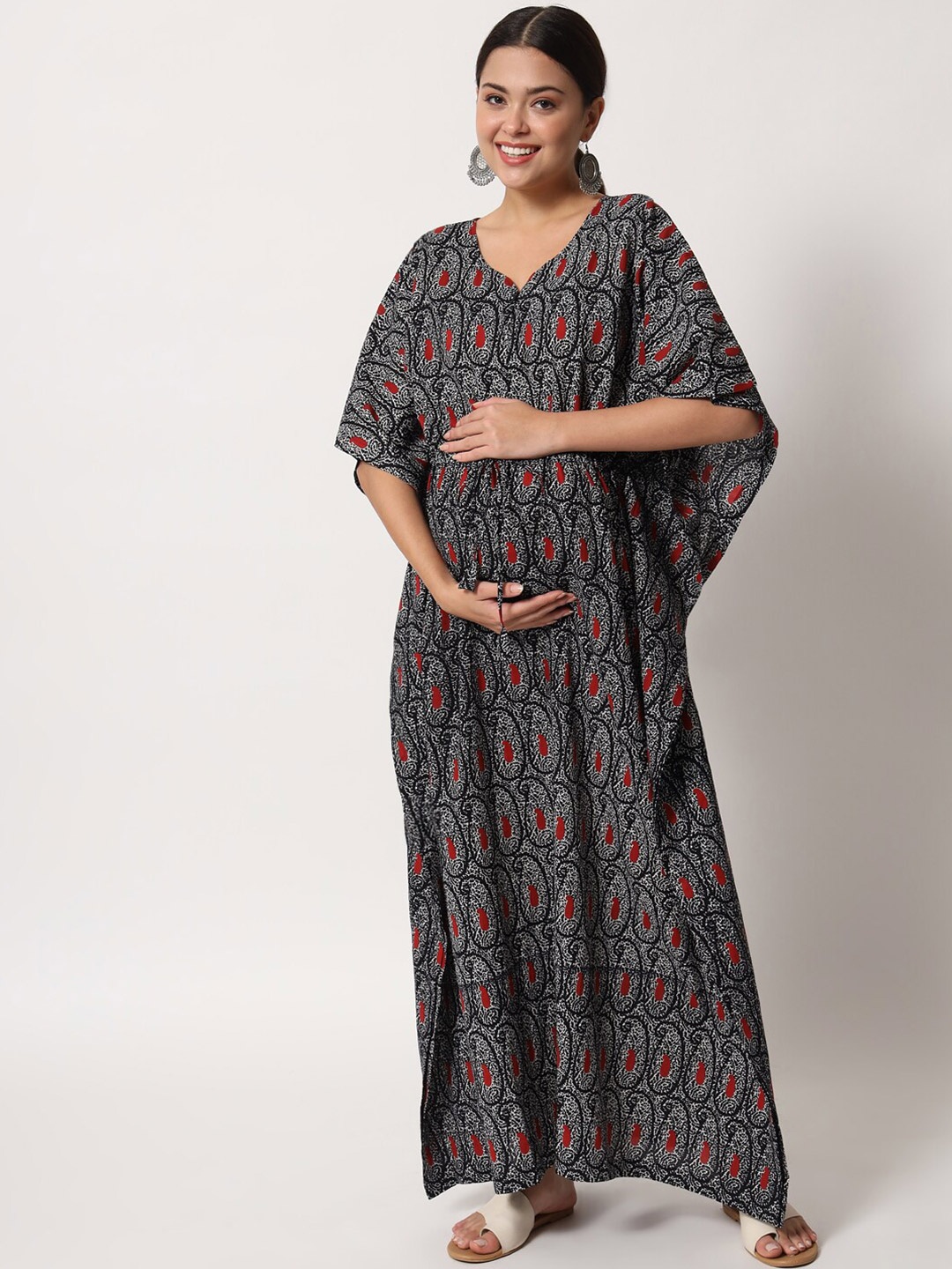 

Aujjessa Women Black Ethnic Motifs Printed Maternity Feeding Pure Cotton Kaftan Maxi Dress