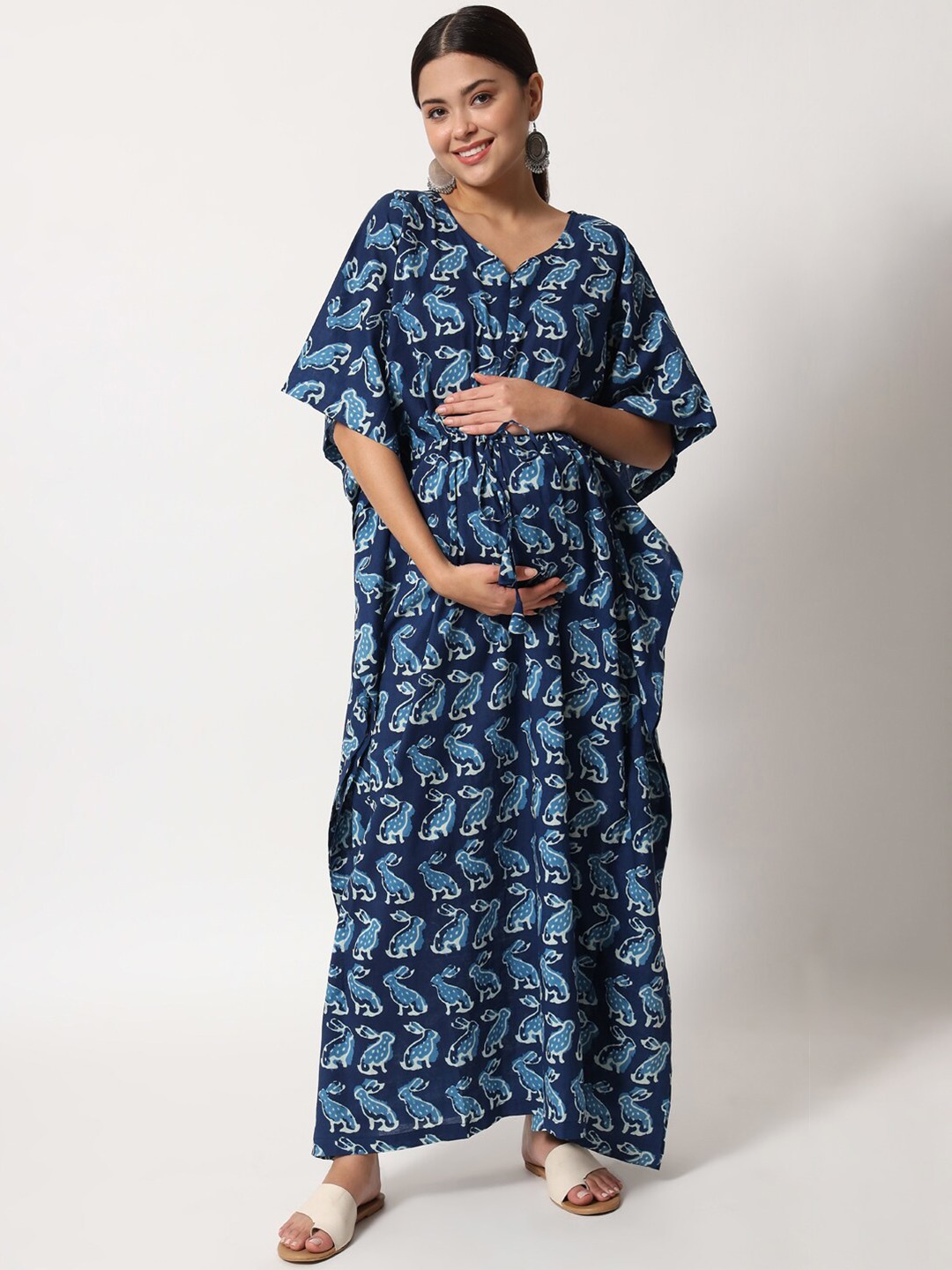 

Aujjessa Women Blue Maternity Kaftan Cotton Maxi Dress