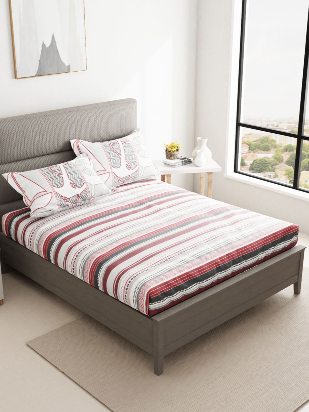 

BIANCA Red & Black Striped Pure Cotton 144 TC King Bedsheet with 2 Pillow Covers