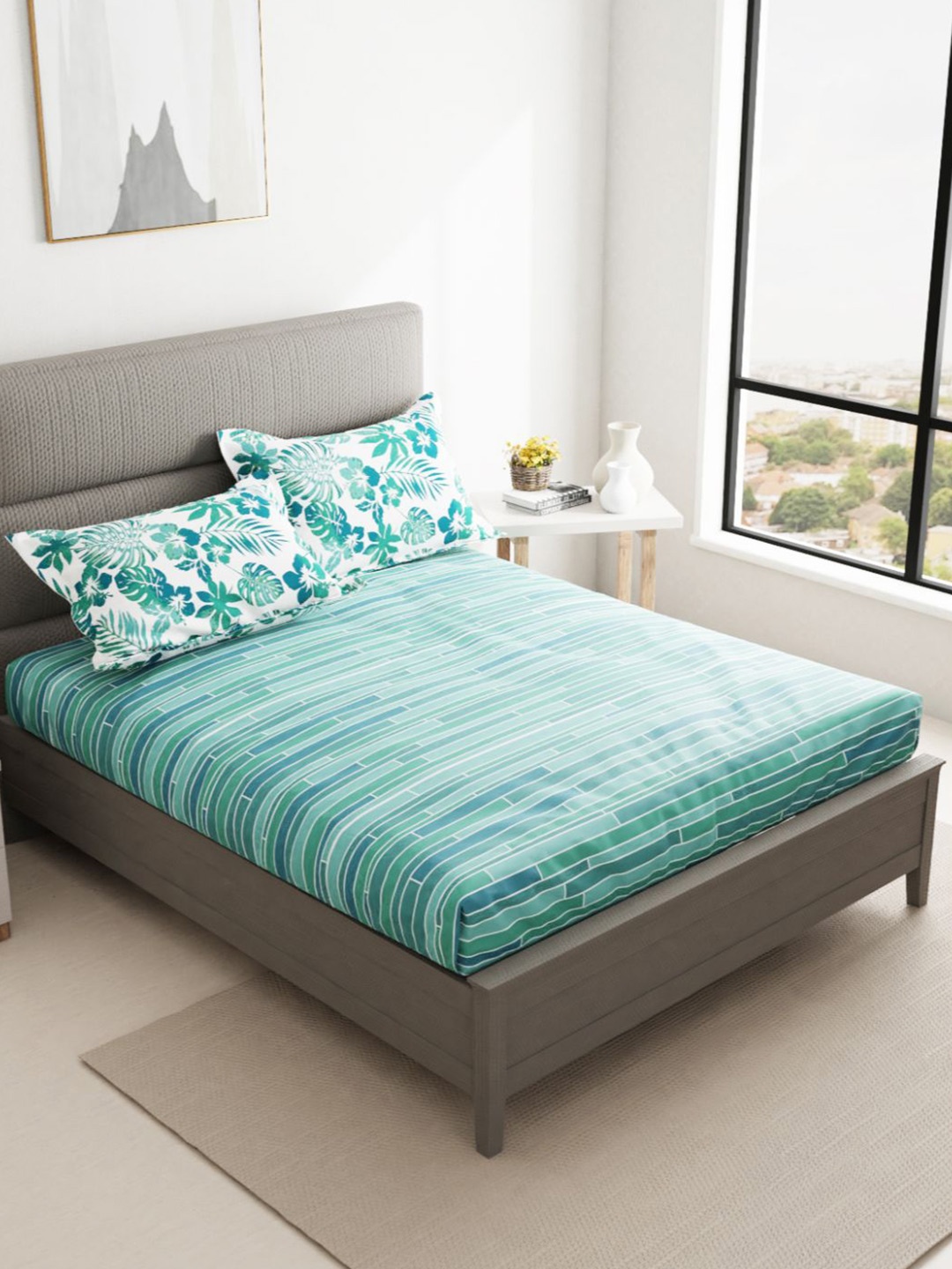 

BIANCA Sea Green & White Striped 144 TC Cotton King Bedsheet with 2 Pillow Covers