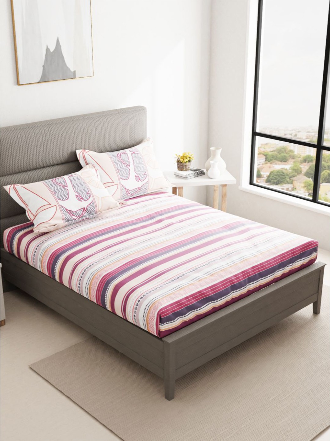

BIANCA White & Red Striped 144 TC Single Pure Cotton Bedsheet with 2 Pillow Covers