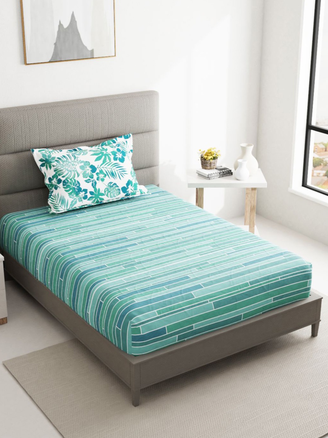 

BIANCA Sea Green & White ESPEDA Striped 144 TC Single Bedsheet with 1 Pillow Cover