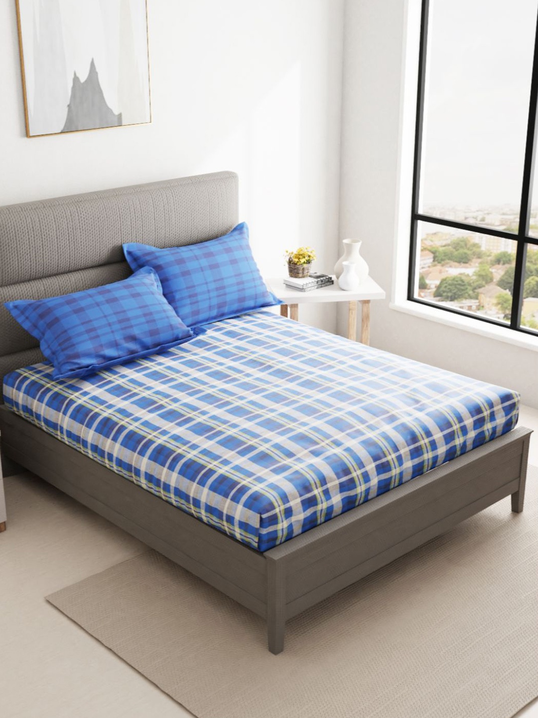 

BIANCA Blue & White Striped 144 TC King Bedsheet with 2 Pillow Covers