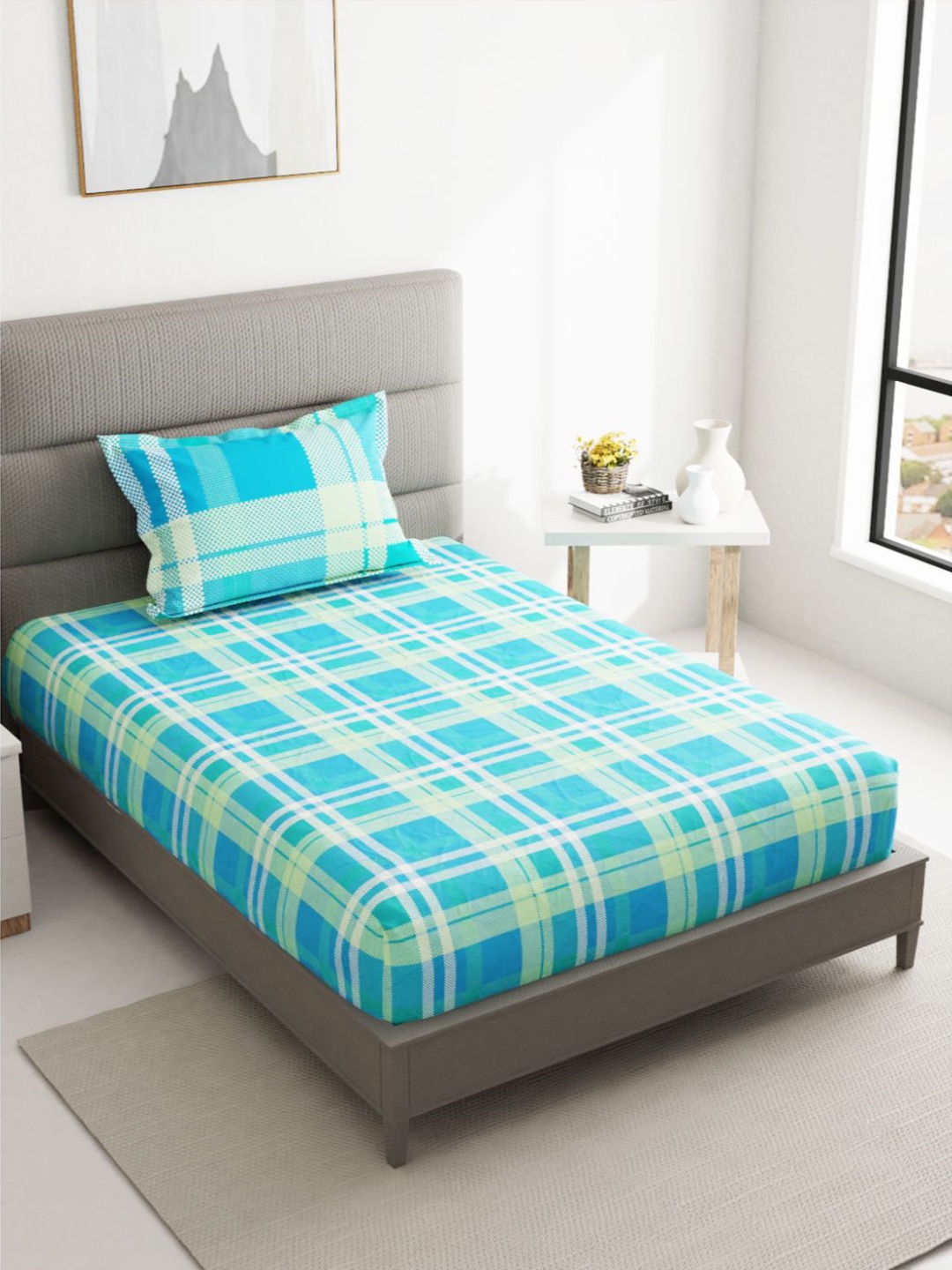 

BIANCA Turquoise Blue & White Geometric Cotton 144 TC King Bedsheet with 1 Pillow Covers