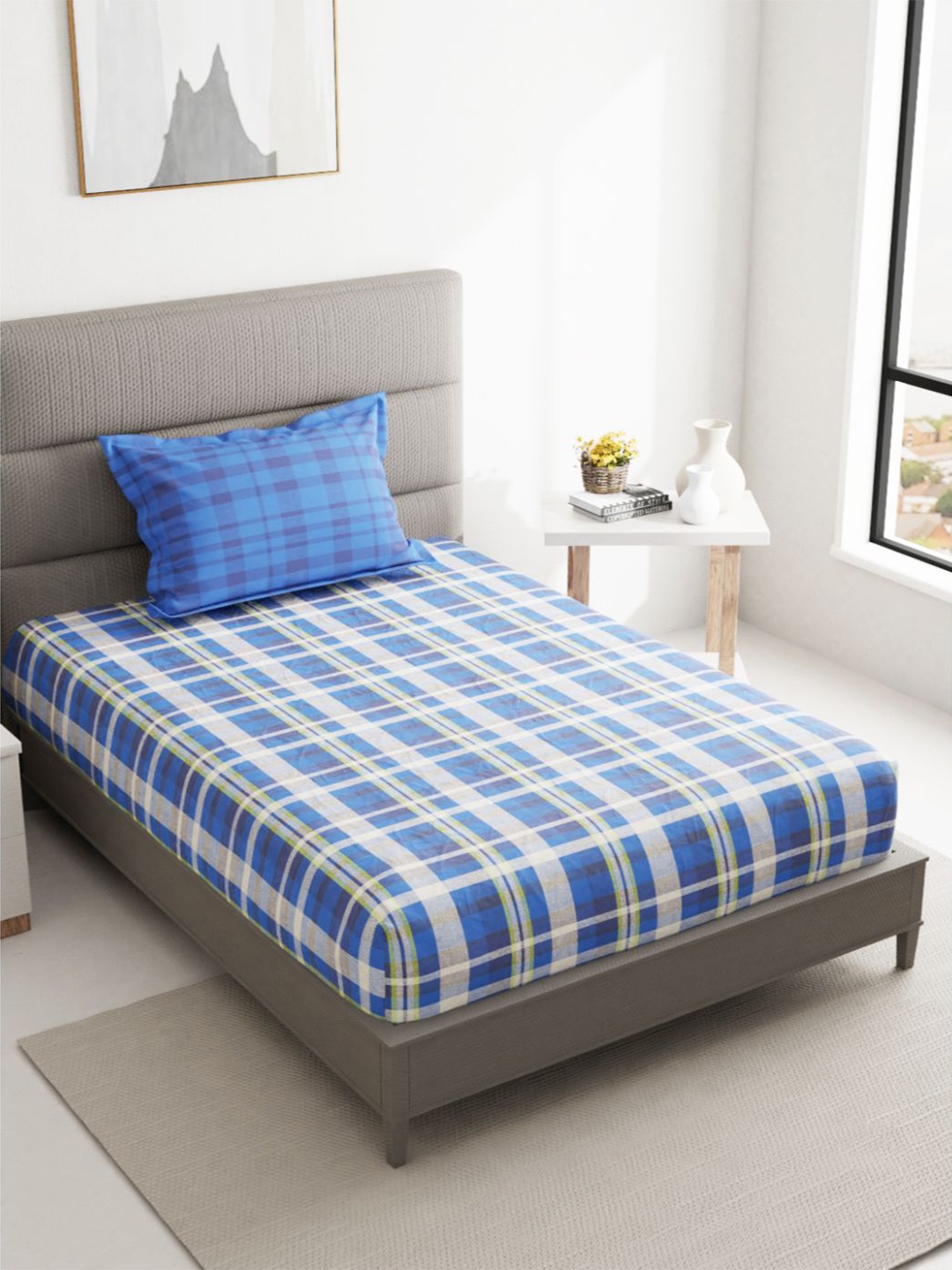

BIANCA Blue & Off White Geometric 144 TC Single Bedsheet with 1 Pillow Covers