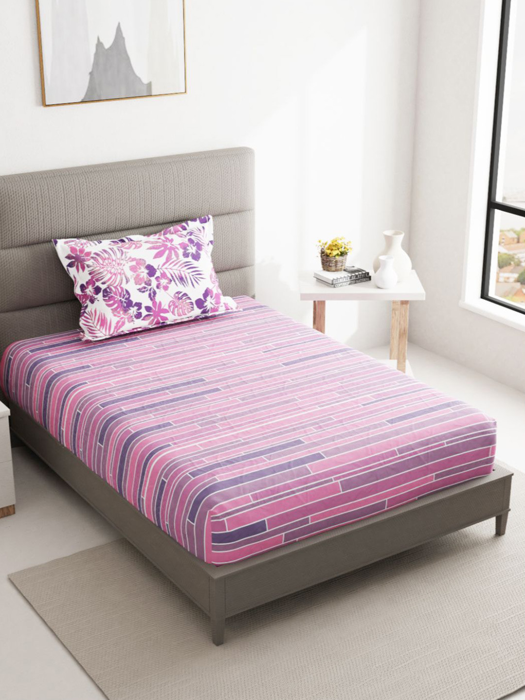 

BIANCA Pink & Purple Striped 144 TC Cotton Single Bedsheet with 1 Pillow Cover