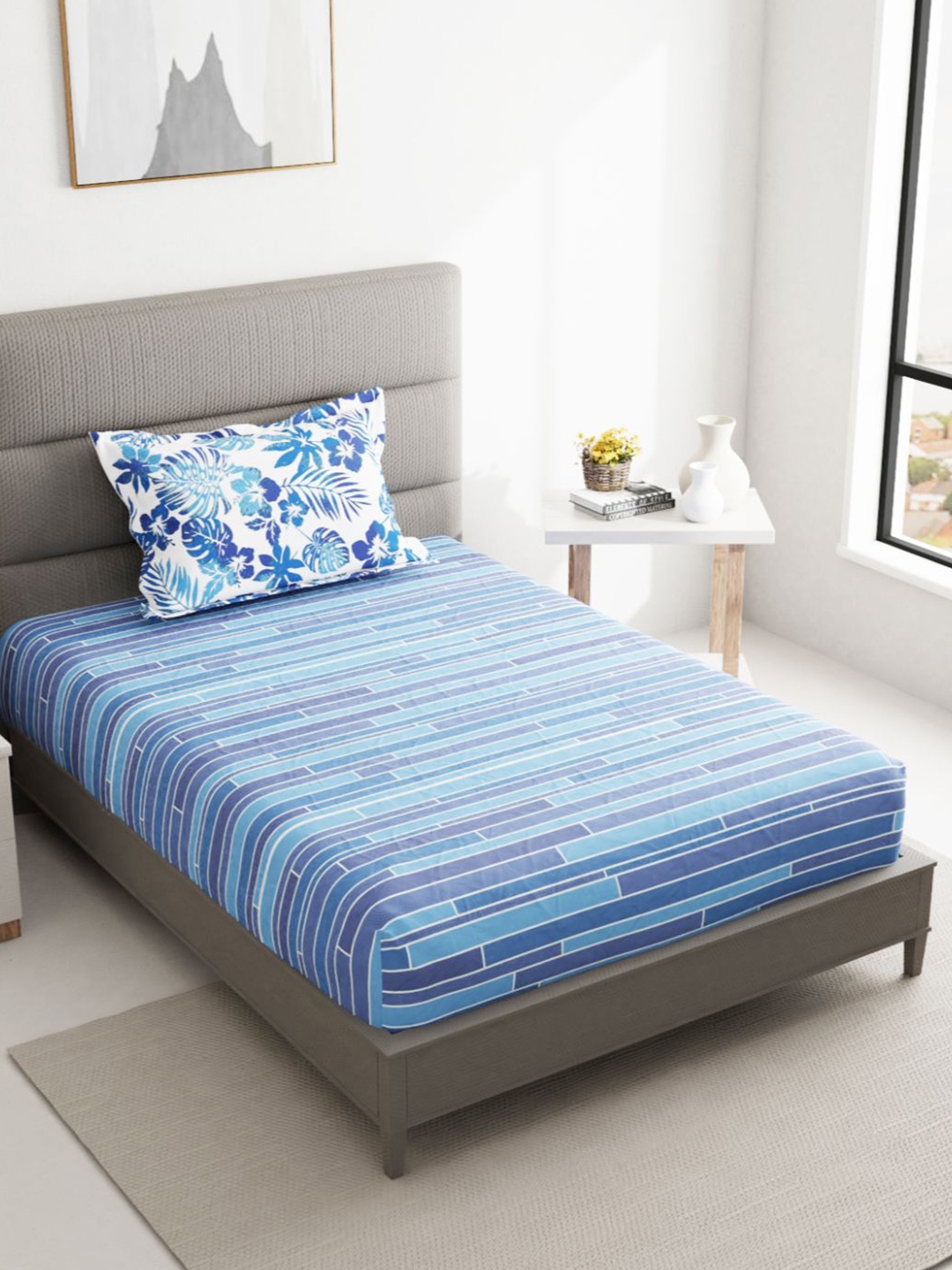 

BIANCA Blue & White Cotton Striped 144 TC Single Bedsheet with 1 Pillow Covers