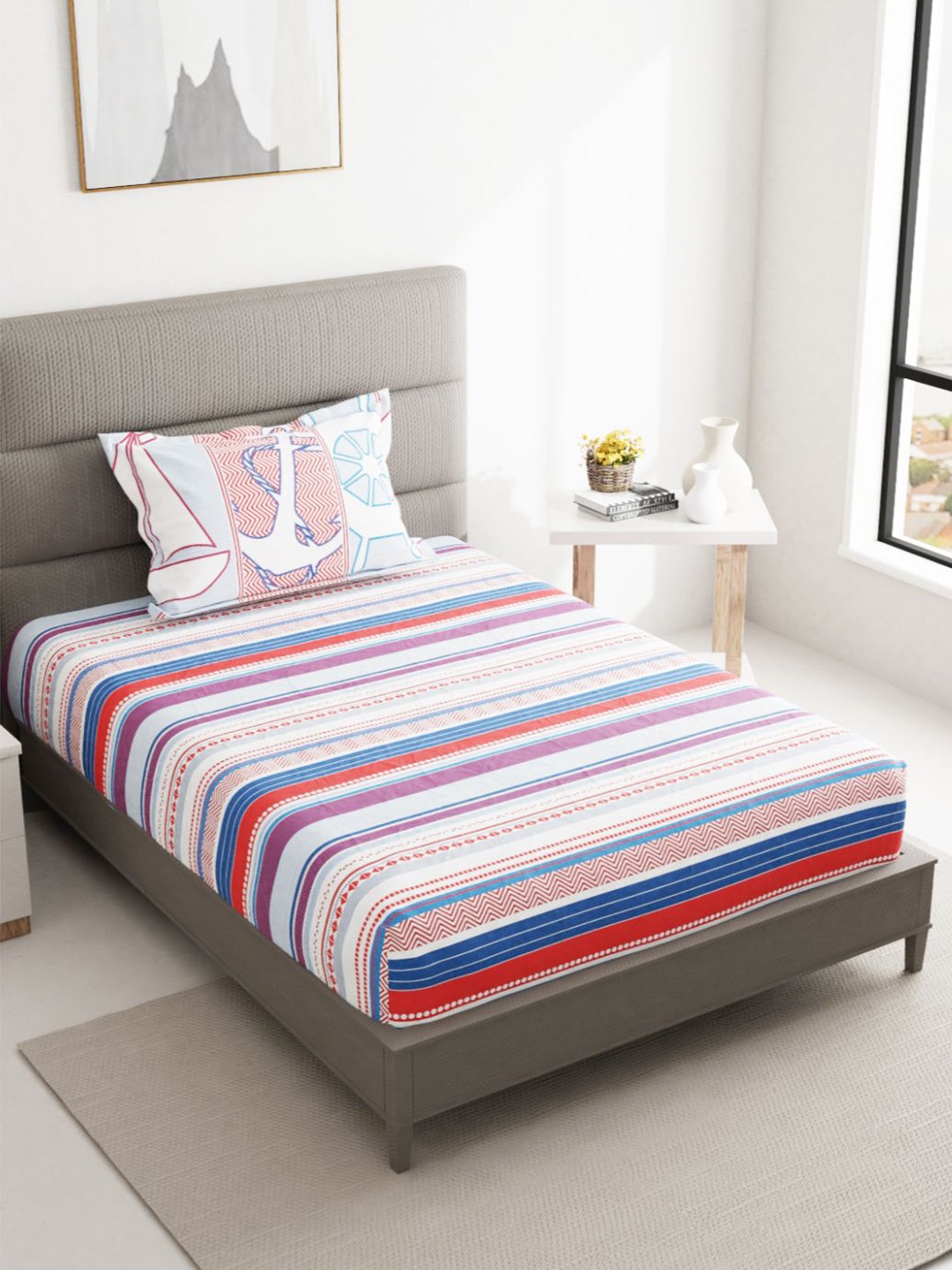 

BIANCA Blue & Orange Striped Cotton 144 TC Single Bedsheet with 1 Pillow Covers