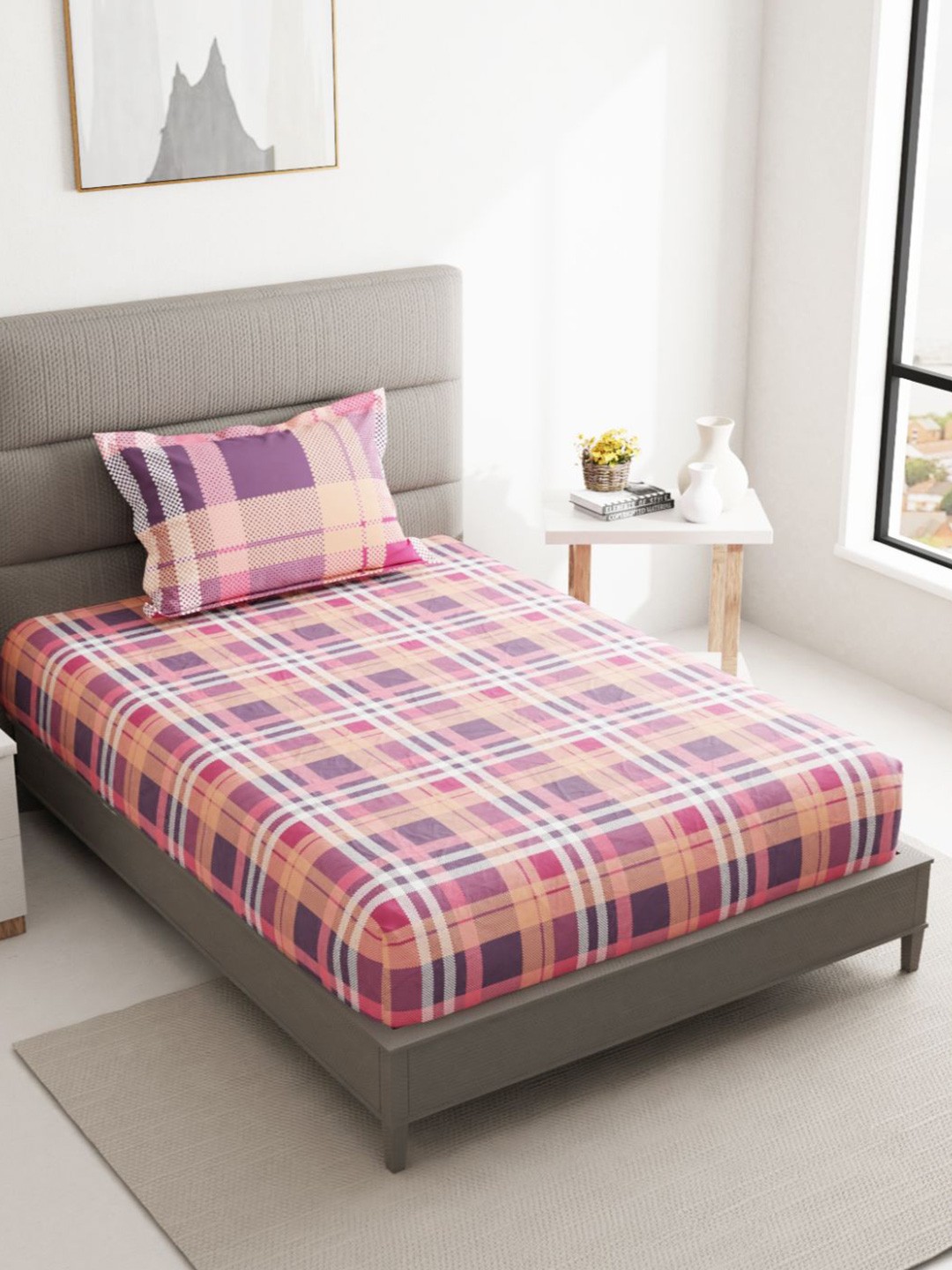 

BIANCA Pink & White Geometric 144 TC Single Pure Cotton Bedsheet with 1 Pillow Covers
