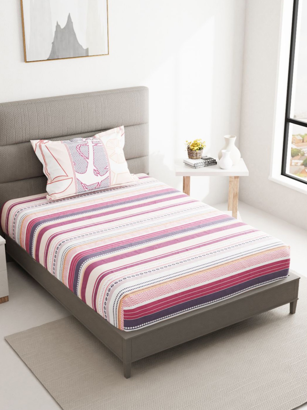 

BIANCA Pink & White Striped 144 TC Single Bedsheet with 1 Pillow Covers