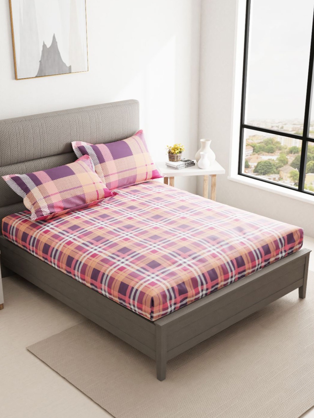 

BIANCA Pink & Orange Geometric 144 TC Cotton King Bedsheet with 2 Pillow Covers